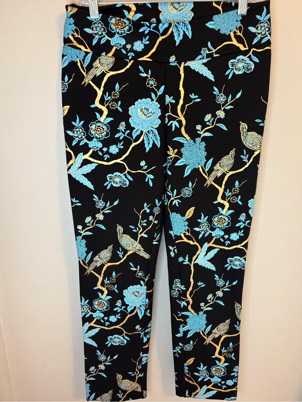 Soft Surroundings Floral Bird Ankle Pants Women M Black Blue Pull On